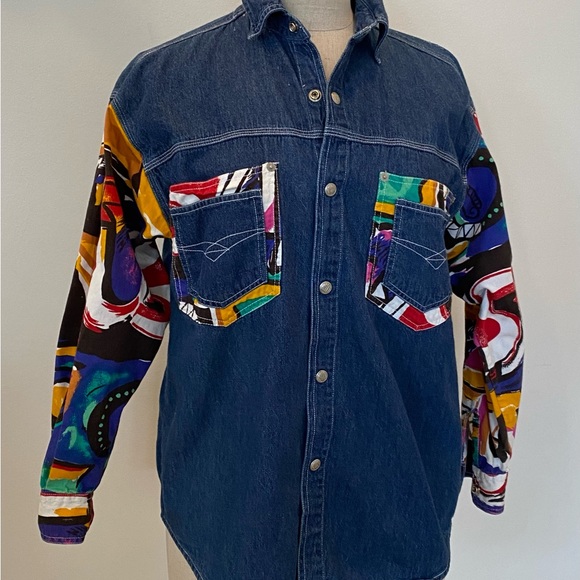 Absolutely No! Jeans Womens Vintage Denim Shirt w Bright Pattern Sleeves /Size S - Picture 3 of 9